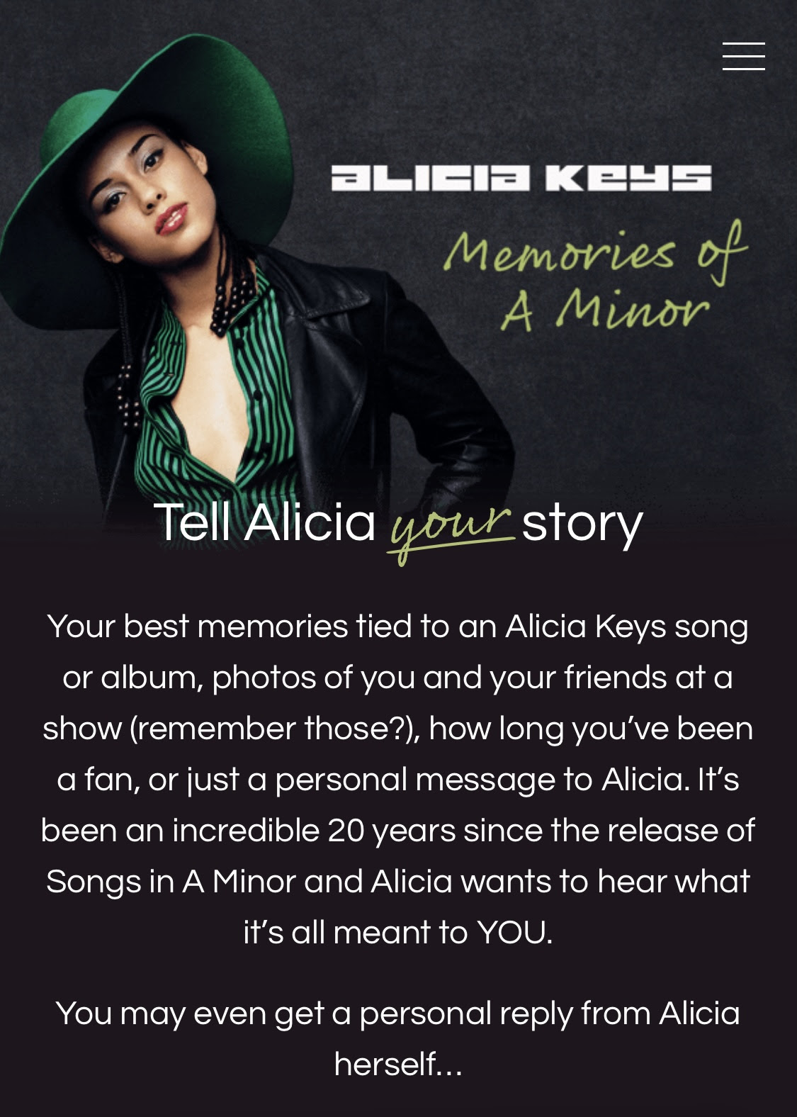 Alicia Keys celebra 20 años de su icónico álbum debut SONGS IN A MINOR