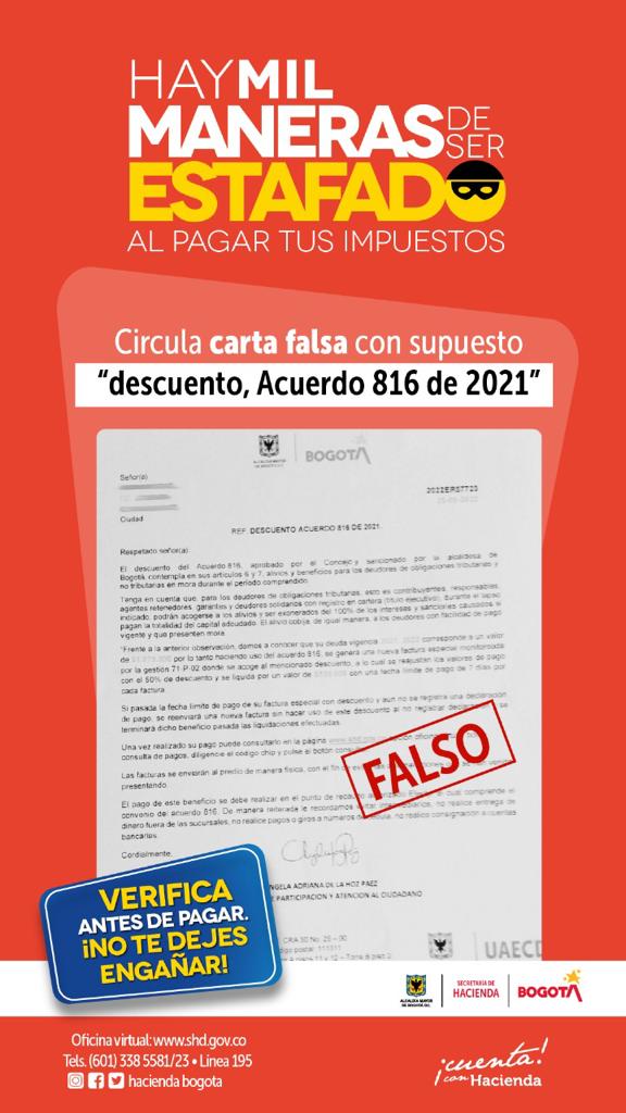 No se deje engañar, circula carta falsa con supuesto “descuento, Acuerdo 816 de 2021” para el pago de impuestos