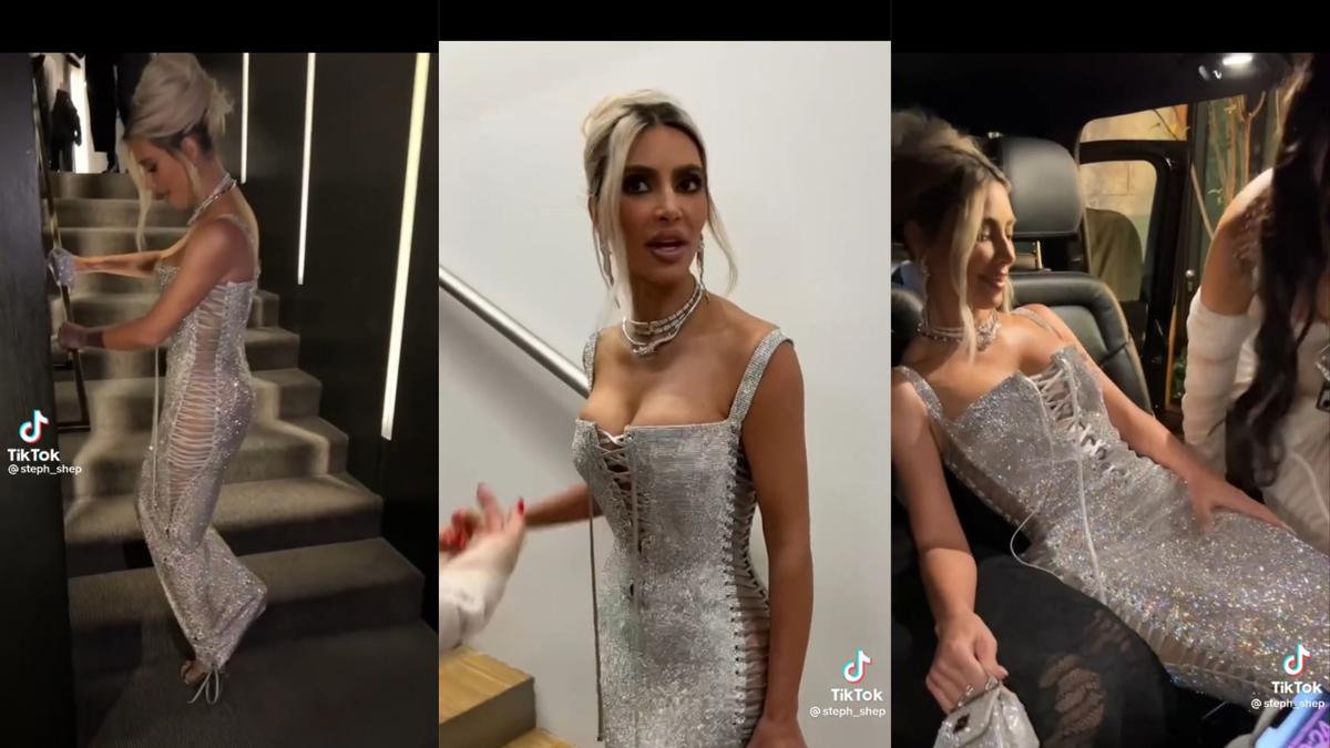Kim Kardashian le tocó subir escaleras saltando por llevar puesto un vestido súper ajustado
