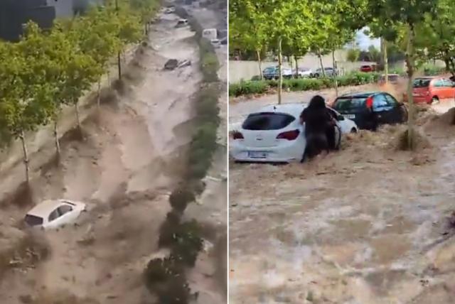 Inundaciones por fuerte tormenta en Zaragoza, España, arrastraron vehículos