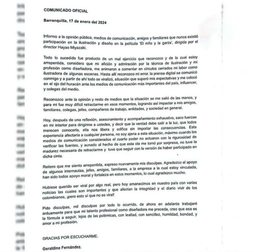 Geraldine Fernández Ofrece Disculpas y Admite Engaño en Comunicado Oficial